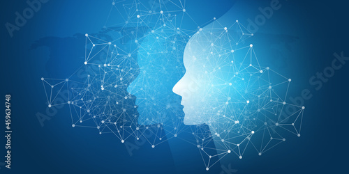 Machine Learning, Artificial Intelligence, Cloud Computing and Networks Design Concept with Human or Robot Face and Geometric Network Wireframe