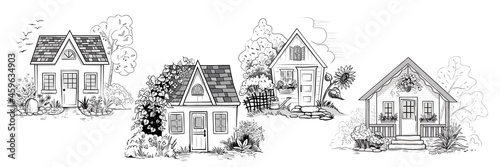 .Set of various small summer houses on the background of the garden.. Vector vintage  illustration. Monochrome ink sketch.
