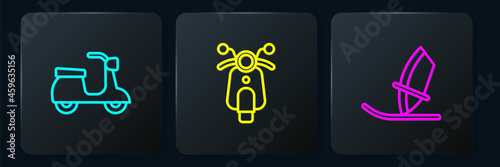 Set line Scooter, Windsurfing and . Black square button. Vector