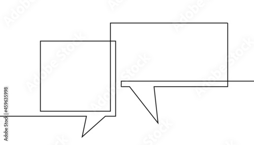 One line drawing of two speech bubbles, Black and white vector minimalistic linear illustration made of continuous line