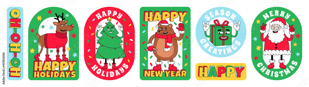 Merry Christmas and Happy New year funny cartoon characters. Sticker pack, posters in trendy weird retro cartoon style.