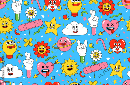 Cartoon characters background. Seamless pattern with funny stickers and patches in trendy retro cartoon style.