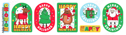 Merry Christmas and Happy New year funny cartoon characters. Sticker pack, posters in trendy weird retro cartoon style.