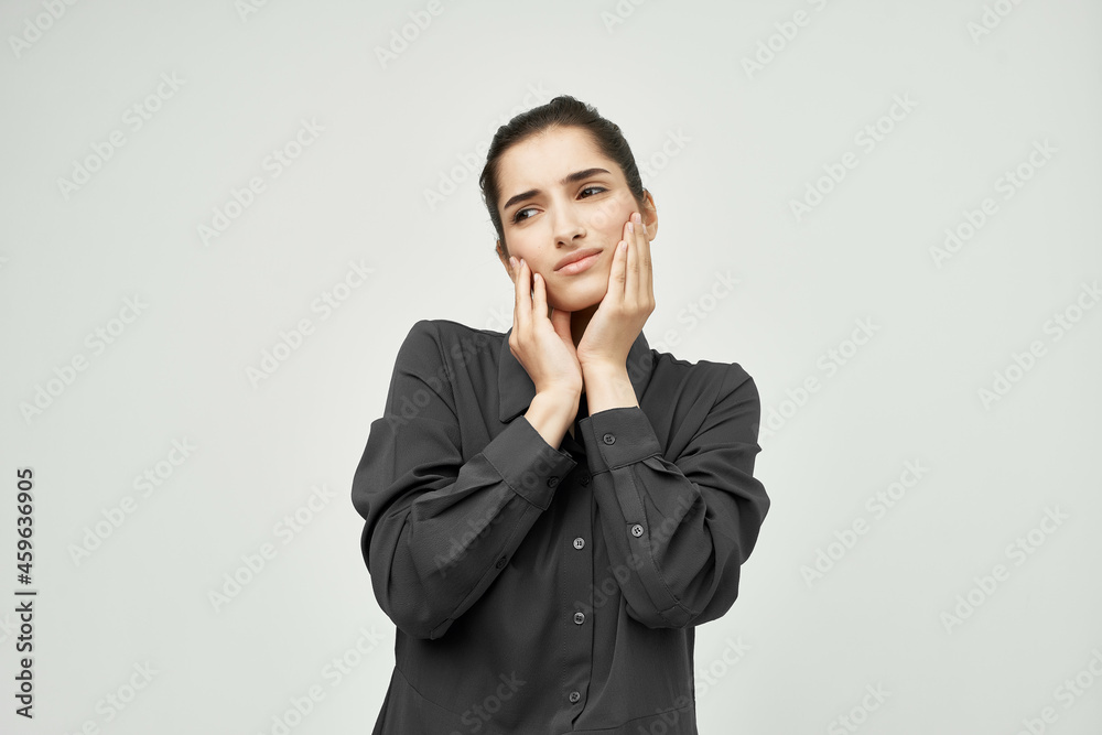 woman holding his head depressed isolated background woman holding his head depressed isolated background