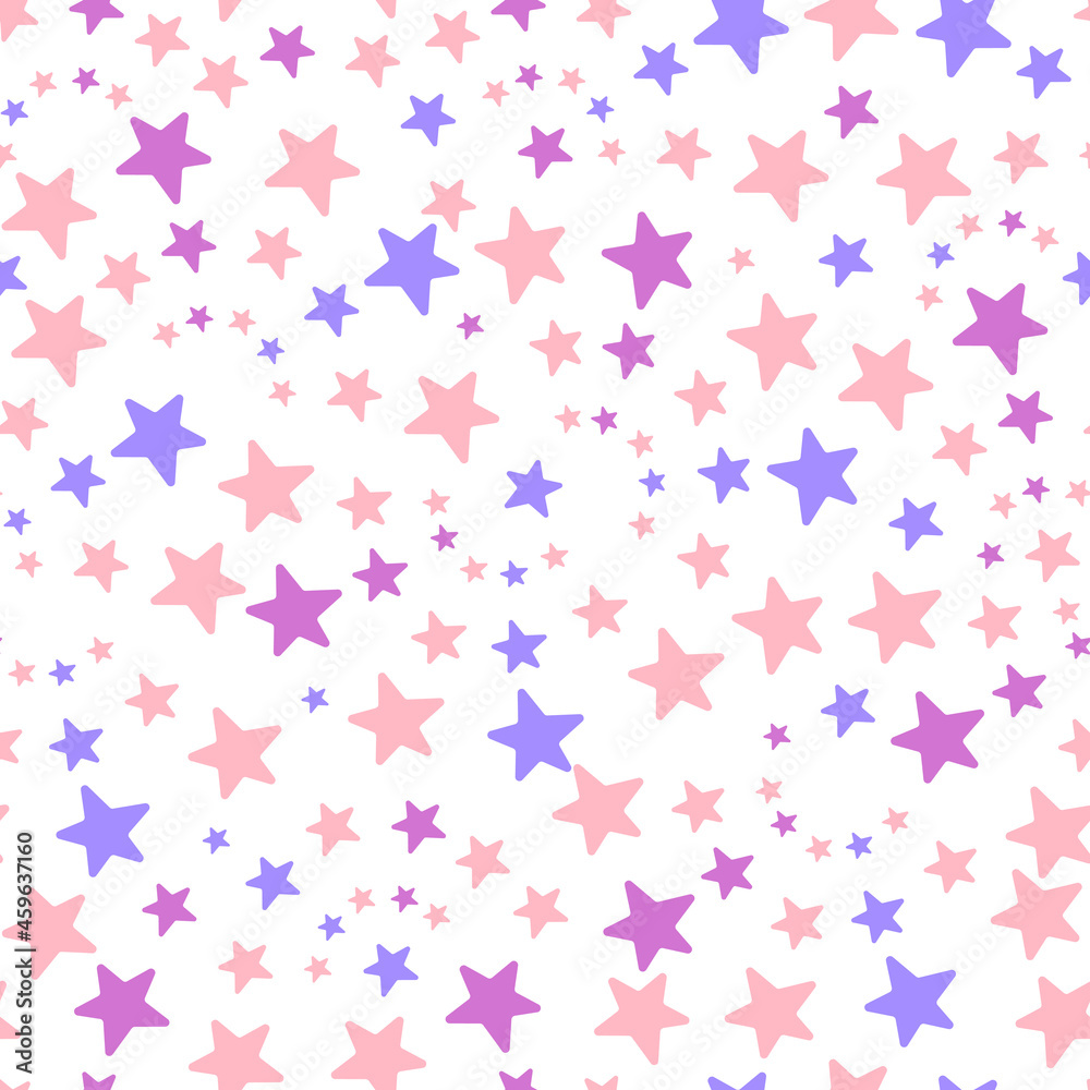 Stars. Repeating vector pattern. Isolated colorless background. Flat style. Seamless ornament. Delicate background. Idea for web design, packaging, wallpaper, covers, textiles, printing, advertising. 