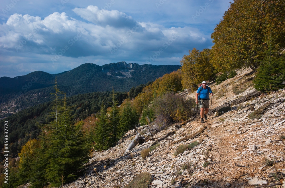 Hiking on the Lycian Way. Man is trekking on steep stony slope of covered with trees mountain, Trail from Alakilise Ruins to Finike, Outdoor activity, eco tourism in Turkey