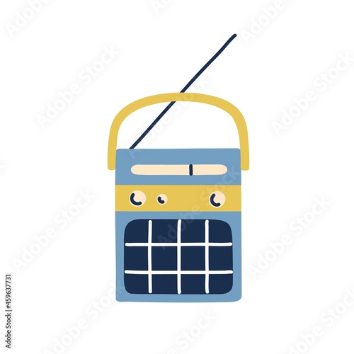 Retro portable radio with speaker and antenna. Old music receiver with loudsp...