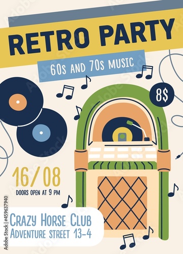 60s and 70s retro music party flyer template. Ad poster design for nostalgic ...