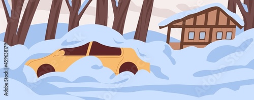 Car and house covered with snow, buried under it. Snowy landscape with auto and home in cold weather. Panorama with snowbanks in frost after snowstorm in December. Flat vector illustration