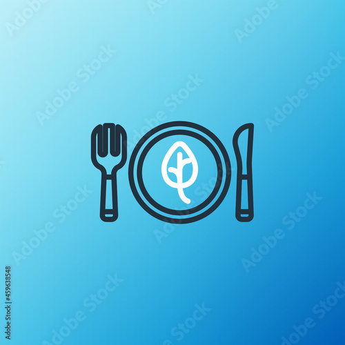 Line Vegan food diet icon isolated on blue background. Organic, bio, eco symbol. Vegan, no meat, lactose free, healthy, fresh and nonviolent food. Colorful outline concept. Vector