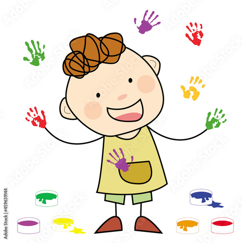 A boy with paints on his hand leaves his fingerprints. Vector element, suitable for educational manuals. Child and drawing.