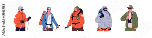 Set of people hiking and trekking. Hikers walking with backpacks and equipment. Active tourists traveling in summer and winter. Flat vector illustration of backpackers isolated on white background