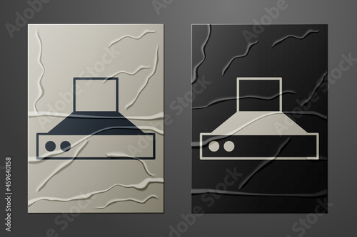 White Kitchen extractor fan icon isolated on crumpled paper background. Cooker hood. Kitchen exhaust. Household appliance. Paper art style. Vector