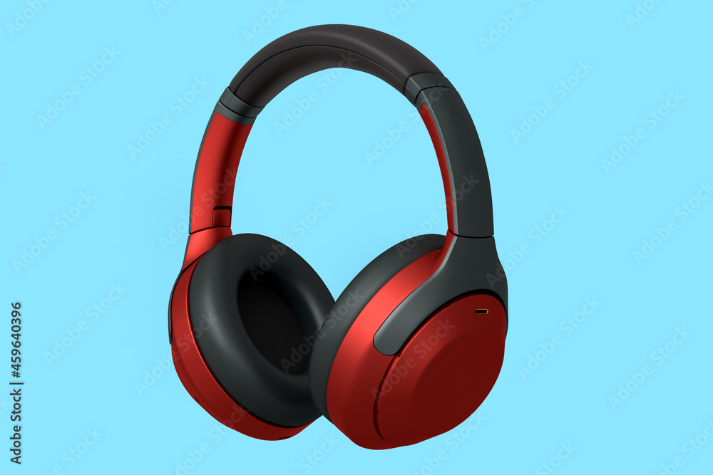3D rendering of red gaming headphones for cloud gaming and streaming on blue 3D rendering of red gaming headphones for cloud gaming and streaming on blue