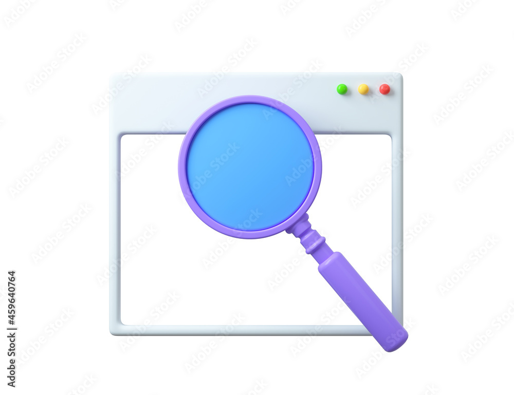 Browser interface with search bar and magnifier empty template. 3d rendering. Browser interface with search bar and magnifier empty template. 3d rendering.
