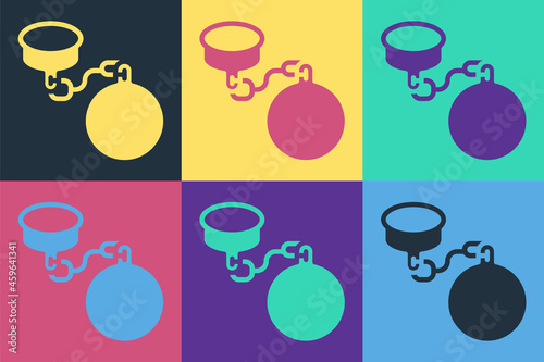 Pop art Ball on chain icon isolated on color background. Vector