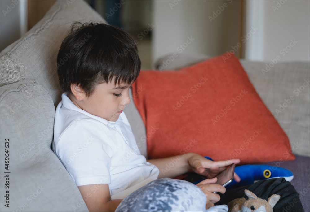 School kid sitting on sofa doing online homework on tablet, Side view Portrait Child boy siting on couch playing game, watching cartoon on digital pad and relaxing at home after back from school School kid sitting on sofa doing online homework on tablet, Side view Portrait Child boy siting on couch playing game, watching cartoon on digital pad and relaxing at home after back from school