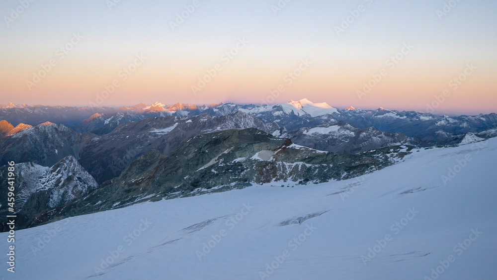 Wonderful morning during the ascent over the Studlgrat ridge on the Grossglockner, the highest mountain in Austria. Hohe Tauern, Alps,