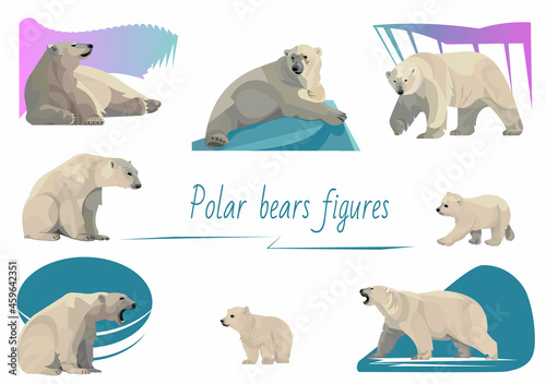 Polar Arctic white bears and cubs walking, standing, sitting, lying down, growling