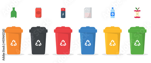 Set of Plastic Bins for Trash Separation on White Background. Dustbin Containers Collection for Segregate Paper, Metal, Glass, Plastic, Organic Waste, E-waste. Isolated Vector Illustration