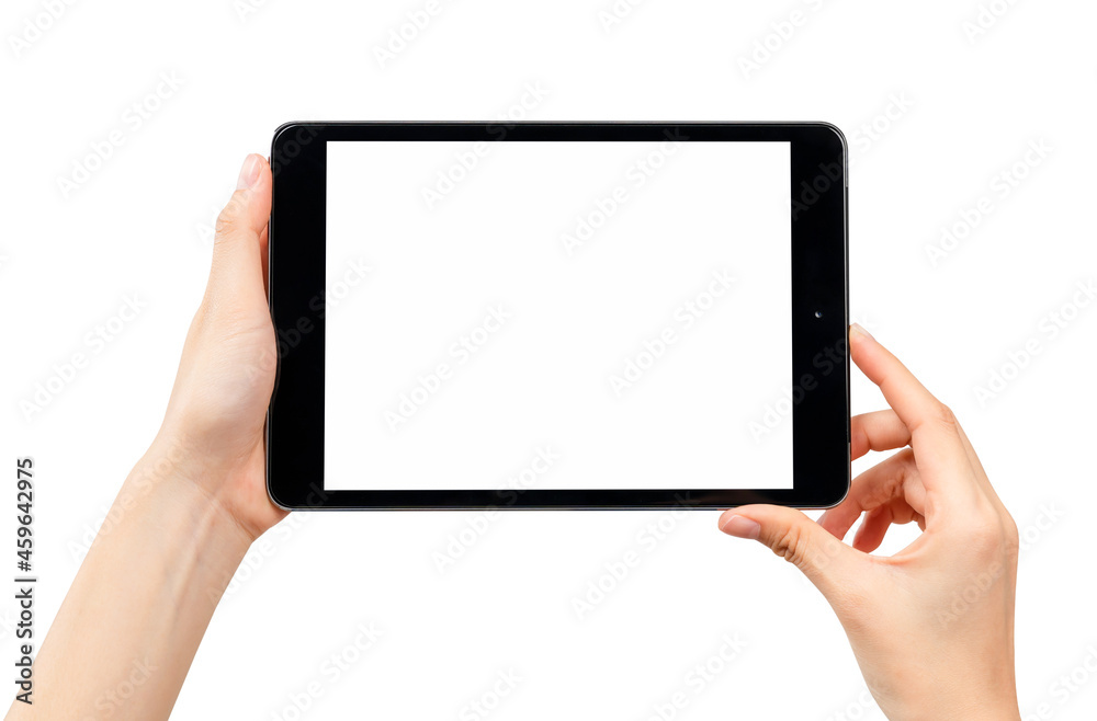 Close-up of hand holding black tablet isolated on white background with clipping path. Close-up of hand holding black tablet isolated on white background with clipping path.
