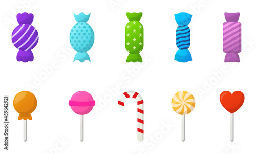 Collection of Cute Colorful Tasty Candies on White Background. Lollipop on Stick, Sweet Caramel, Hard Candy Set. Wrapped Chocolate Candy in Different Shape. Party Treats. Isolated Vector Illustration