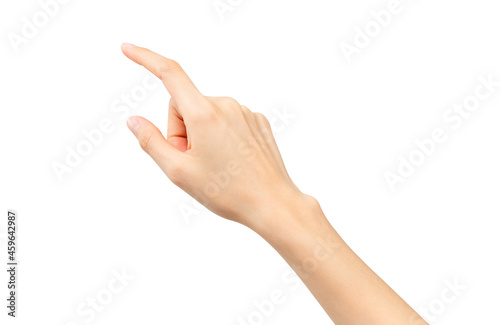 Closeup of hand pointing or touching at something on isolated background with clipping path.