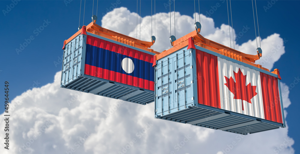 Freight containers with Canada and Laos national flags. 3D Rendering 