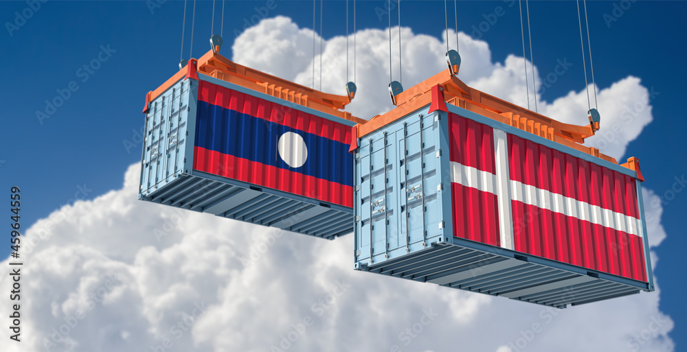 Freight containers with Denmark and Laos national flags. 3D Rendering 