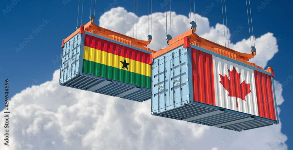 Freight containers with Canada and Ghana national flags. 3D Rendering 