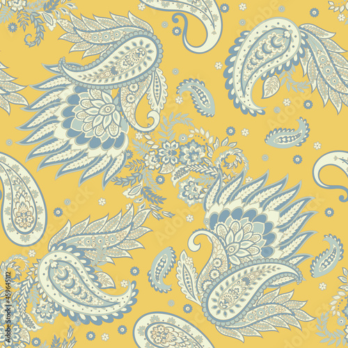 Floral fabric background with paisley ornament. Seamless vector pattern