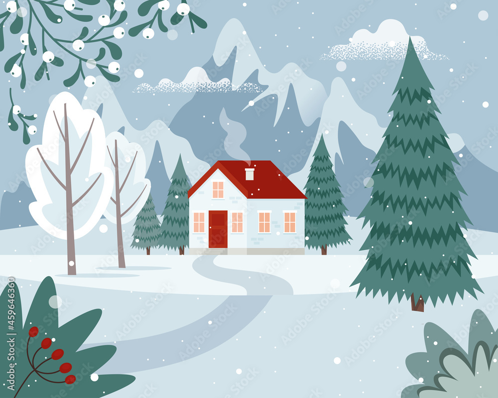 Winter landscape with a house in the mountains. Countryside landscape at snowy seasonal. Cute vector illustration in flat style