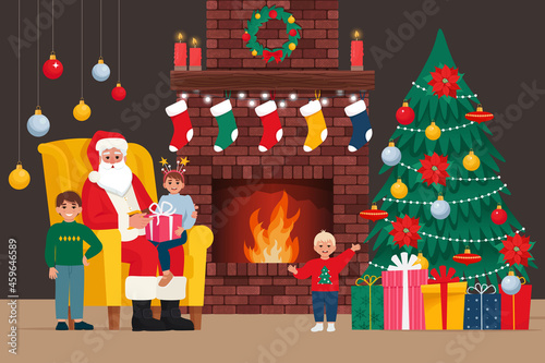 Santa Claus with a kids, sitting in a chair near fireplace at home. Vector illustration in flat style