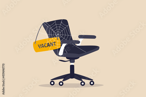 Labor shortage, worker needed not enough skill staff to fill in job vacancy, help wanted or employment demand concept, office chair with sign vacant covered by spider web metaphor of labor shortage. photo
