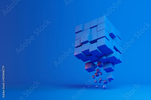Three dimensional render of bunch of blue cubes floating against blue background