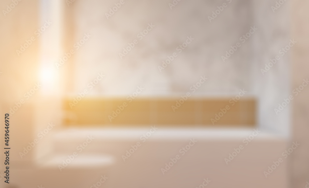 Bokeh blurred phototography. Modern bathroom including bath and sink. 3D rendering.. Sunset.
