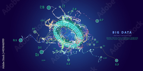 Abstract background with chaotic wave lines connecting dots of torus grid. Analytics algorithms data. Quantum cryptography concept. Banner for business, science and technology. Big data.