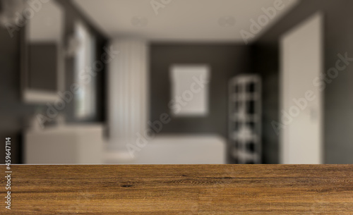 Background with empty table. Flooring. Scandinavian bathroom, classic vintage interior design. 3D rend