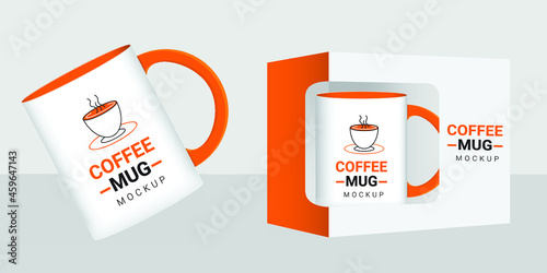 Orange white Coffee Mug in box for Mockup