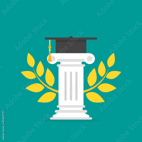 Greek column with mortar board and laurel wreath. Antique pillar and graduation toga cap.