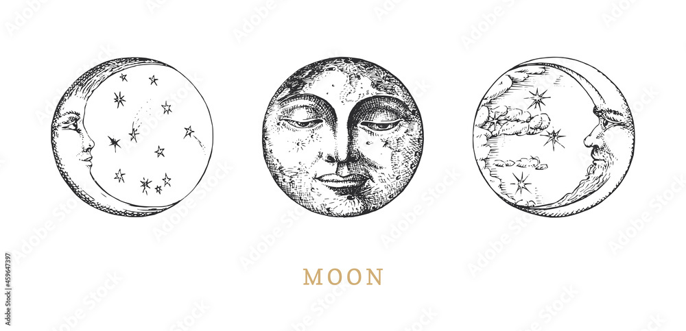 Moon, Crescents set, drawings in engraving style. - obrazy, fototapety, plakaty 