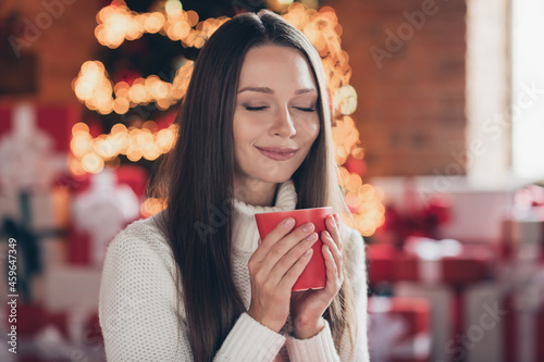 Photo of dreamy sweet young woman dressed white pullover enjoying hot beverage closed eyes smiling indoors room home house