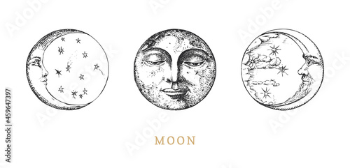 Moon, Crescents set, drawings in engraving style.