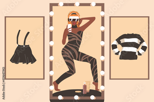 Online fitting room. The technology of the future for shopping. A woman is trying on clothes wearing VR-glasses through a mobile application. Flat vector illustration
