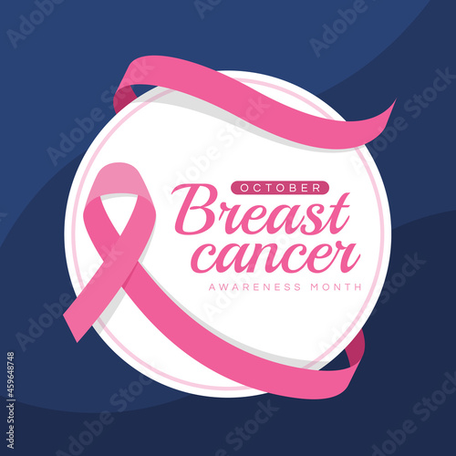 Breast cancer awareness month text on white circle banner with pink ribbon roll around on blue texture background vector Design