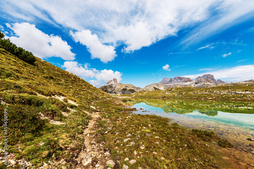 Panoramic view of Sesto or Sexten Dolomites from Tre Cime di Lavaredo or Drei Zinnen, Dolomiti Di Sesto Natural Park, UNESCO world heritage site, Bolzano, Dobbiaco, Trentino-Alto Adige, Italy, Europe.