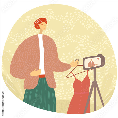 Fashion consultant recording a video for client. Personal stylist online. Blogger makes content for followers. Fashion, beauty, lifestyle. Vector cartoon illustration