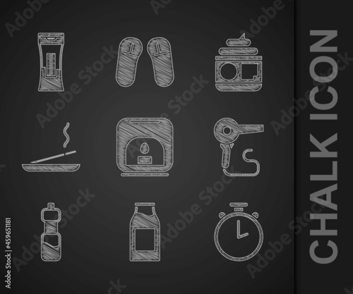 Set Aroma lamp, Bottle with milk, Stopwatch, Hair dryer, of water, Scented spa stick, Cream or lotion cosmetic tube and shampoo icon. Vector