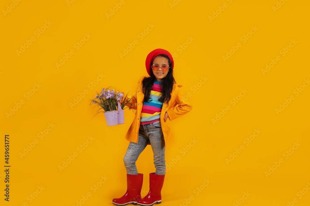 a dark-skinned girl in a red beret, pink heart-shaped glasses, a yellow raincoat, and a bucket with flowers in her hands a dark-skinned girl in a red beret, pink heart-shaped glasses, a yellow raincoat, and a bucket with flowers in her hands