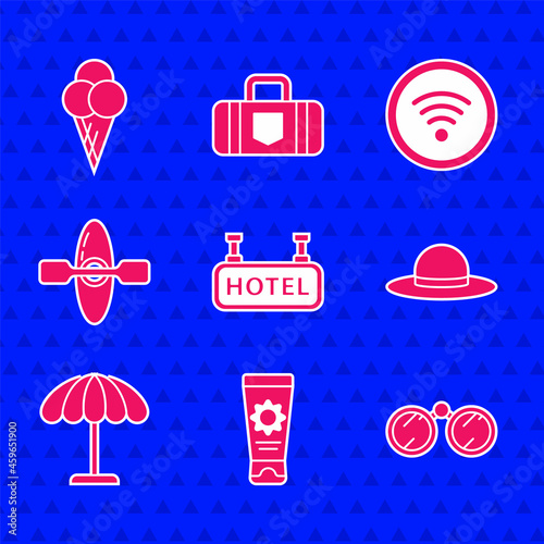 Set Signboard with text Hotel, Sunscreen cream in tube, Binoculars, Elegant women hat, protective umbrella for beach, Kayak canoe, Wi-Fi wireless internet network and Ice waffle cone icon. Vector